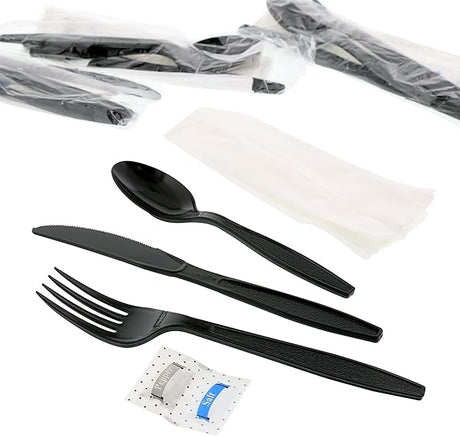 6 PC Cutlery Kit Plastic With Napkin,Fork,Knife,Salt & Pepper,Teaspoon 250/Case