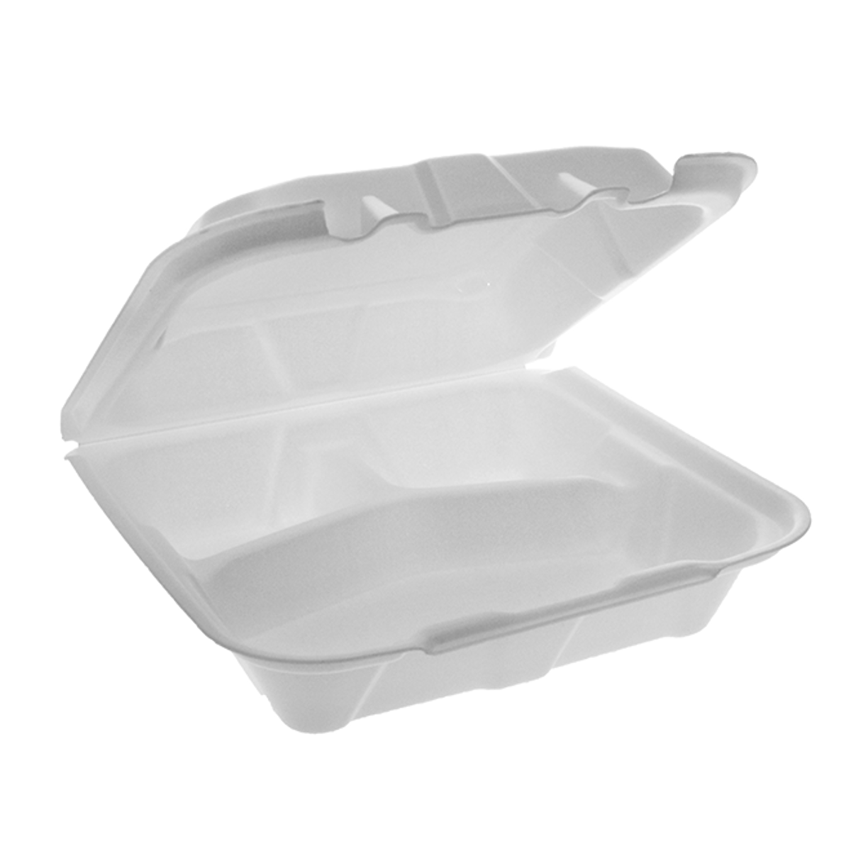 Caja con bisagras de poliestireno expandido, 8 x 8 x 2,75, 3 compartimentos, 150 unidades