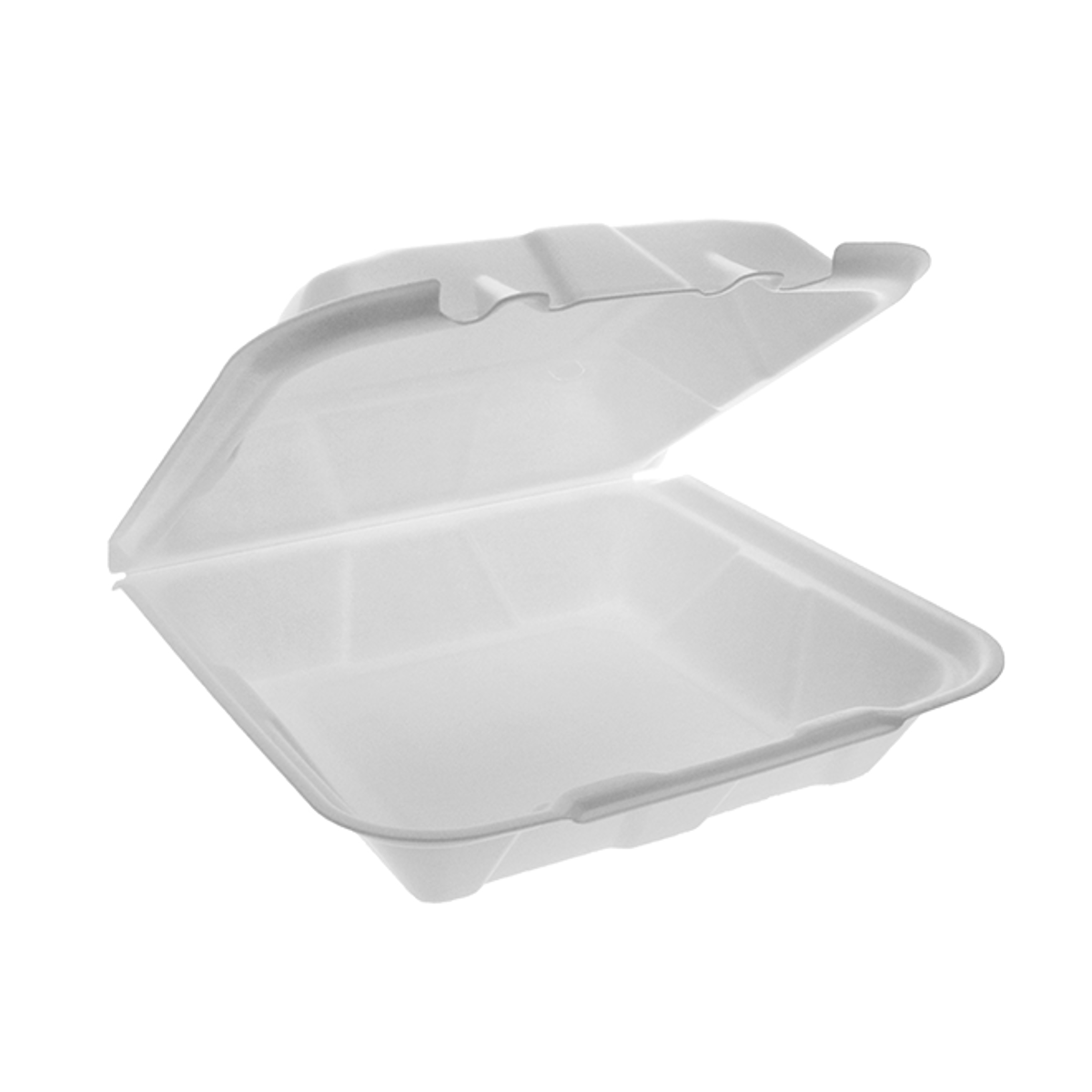 Caja con bisagra de poliestireno expandido, 9 x 9 x 2,75, 1 compartimento, 150 unidades por caja
