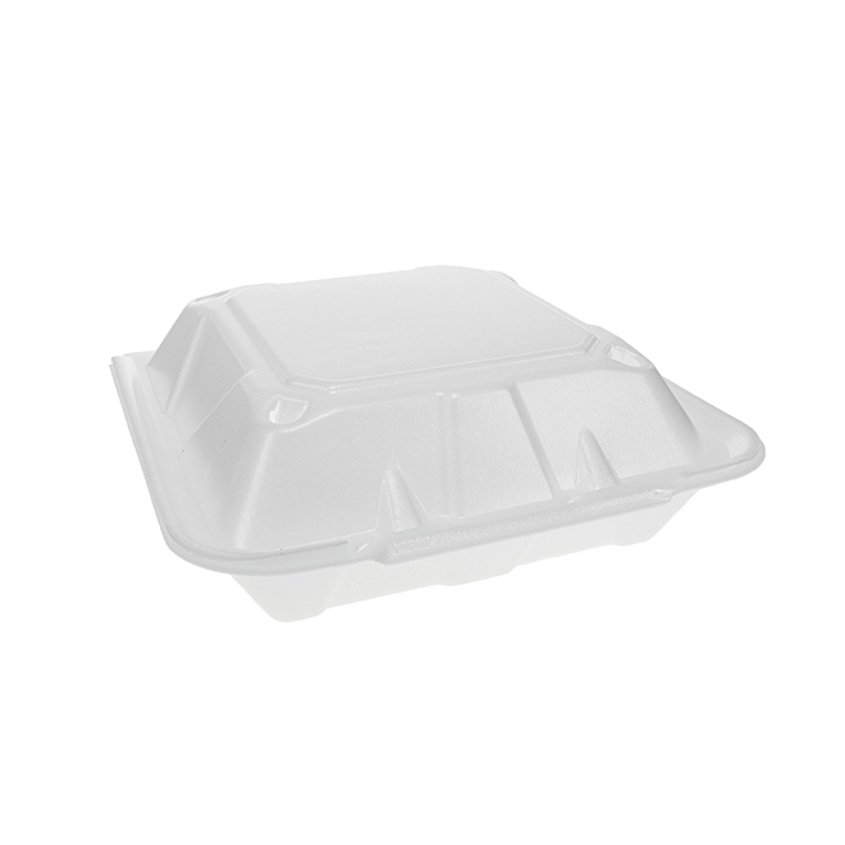 Caja con bisagras de poliestireno expandido, 9 x 9 x 2,75, 3 compartimentos, 150 unidades