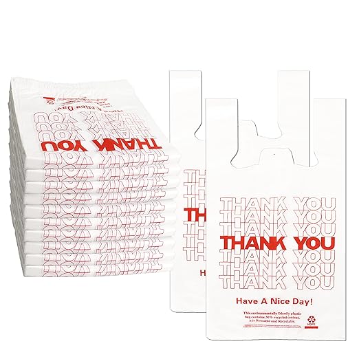 Sacola plástica para camisetas tamanho padrão 1/6, branca, "Thank You", para serviços médios - 1.000 unidades/caixa