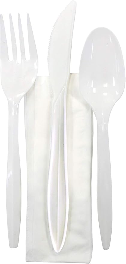 4 PC Plastic Cutlery Heavy Weight Wrapped Polystyrene Pack with Napkin - 500/Case