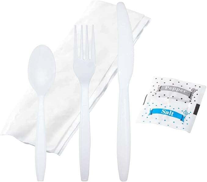 6 PC Cutlery Kit Plastic With Napkin,Fork,Knife,Salt & Pepper,Teaspoon 250/Case