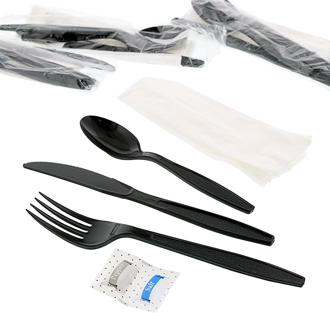 6 PC Cutlery Kit Plastic With Napkin,Fork,Knife,Salt & Pepper,Teaspoon 250/Case