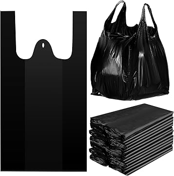 Bolsa de plástico resistente para camisetas, negra, sin impresión, tamaño estándar 1/6 (500 unidades/caja)