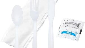 6 PC Cutlery Kit Plastic With Napkin,Fork,Knife,Salt & Pepper,Teaspoon 250/Case
